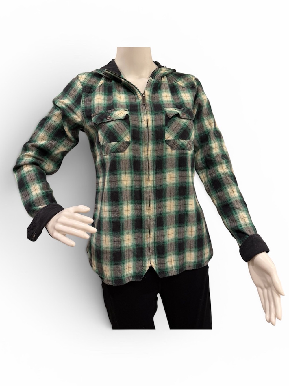 Horny Toad Sz Small Womens Flannel Green Plaid Zip Hoodie Cotton/Spandex